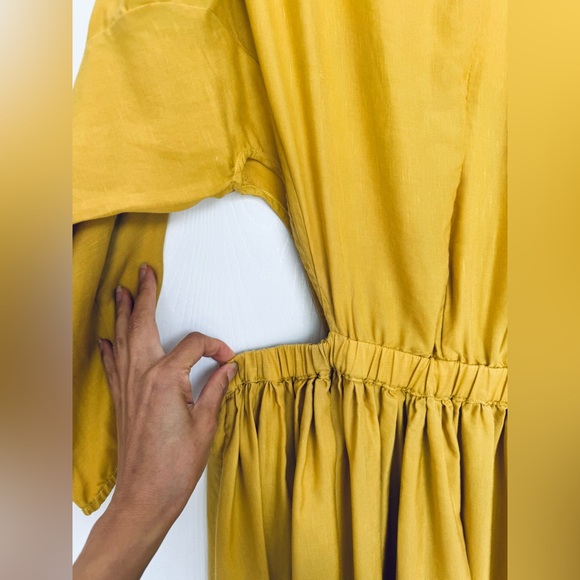 Gorgeous Asymmetrical shoulder & sleeves cut out waist flare midi dress mustard - Picture 5 of 11